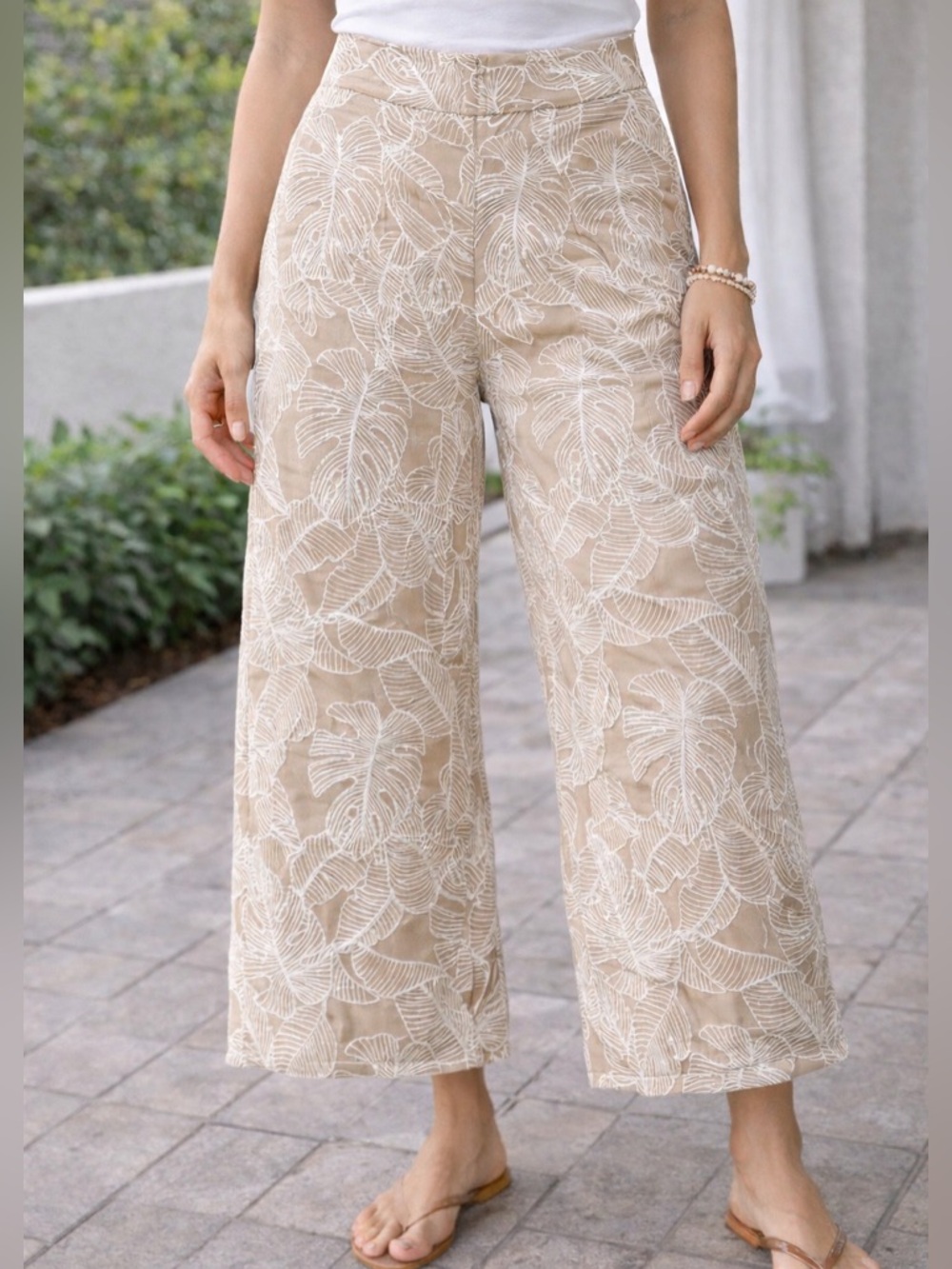 ELA Beige Palm Embroidered Wide Leg Pants Size 6 Tropical Boho Chic